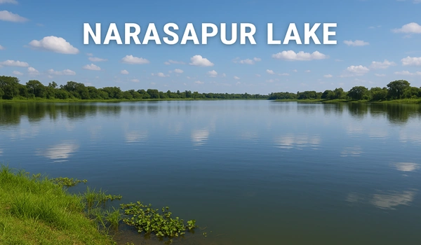Scenic Narasapur Lake in Kolar district reflecting blue sky